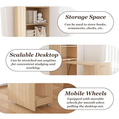 Light Wood Small Folding Desk with Storage Shelves & Bookcase(Natural.) | Expandable Hidden Computer Desk, Space-Saving Pull Out Murphy Table, Writing Table with Wheels for Home Office Bedroom - color: Natural Wood.