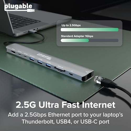 Plugable USB C Hub: 10-in-1 Multiport Adapter (8K/4K 144Hz HDMI 2.1, 2.5G Ethernet, 140W Charging, 10Gbps Data) Driverless IT Deployment for MacBook Pro/Air Windows Thunderbolt Chromebook, USBC-10IN1E