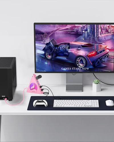 7 USB 3.0 Ports, Howling Wolf Pink USB Hub - 2FT Long Cable, Vertical USB Hub Expander Compatible with PC, Laptop, Flash Drive, HDD, Console, Printer, Keyborad, Mouse - color: Pink