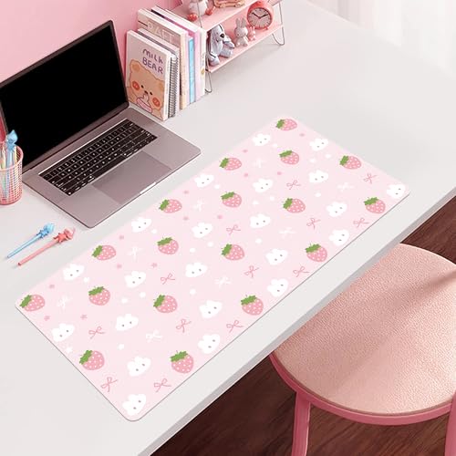 Pink Strawberry Desk Mat, Cute Extended Gaming Keyboard Mouse Pad, Large Office Desk Cover Mat Pad Deskmat, Non-Slip Leather Home Office Desk Mat Protector 27.6"x13.8" - color: Pink Strawberry, size: 27.6" x 13.8"