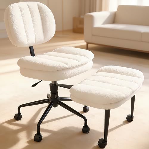Criss Cross Chair with Footrest, 360° Swivel Faux Shearling Office Chair, Extra Wide Seat with Sofa-Like Comfort, Ergonomic Cross Legged Desk Chair for Cozy Reading, Meditation - color: Wool