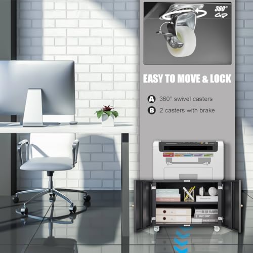 Metal Fridge Printer Stand Cabinet with Storage and Wheels, Black - color: Black - 24''wx24''dx18''h