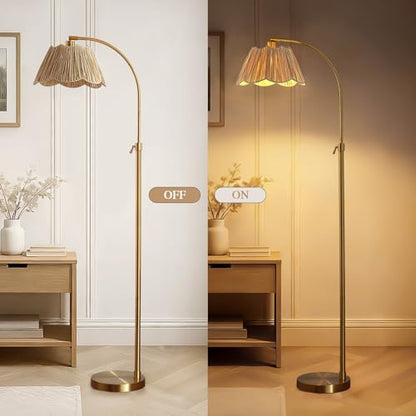 64'' Adjustable Arc Floor Lamp with Natural Rattan Woven Shade - color: Gold
