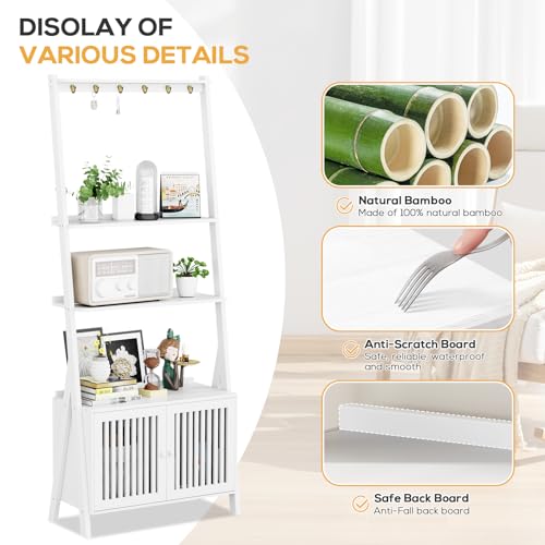 Ladder Shelf with Drawers, Bookshelf 4-Tier Bamboo Bookcase with 6 Hooks - color: 4-tier White
