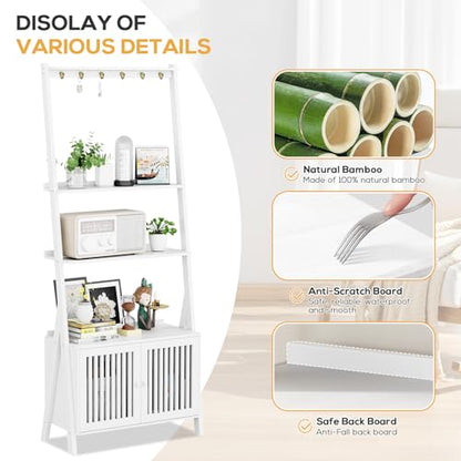 Ladder Shelf with Drawers, Bookshelf 4-Tier Bamboo Bookcase with 6 Hooks - color: 4-tier White