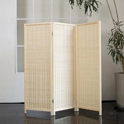 3 Panel Short Room Divider – 3.9 ft Tall Double-Side Folding Privacy Screen, Natural Beige Bamboo Partition Wall for Home Office, Living Room & Corner Spaces - color: Beige, size: 3 Panel