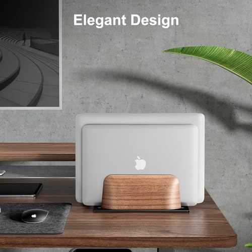 UPERGO Vertical Laptop Stand, Dual Slot Wooden Laptop Holder Vertical for Desk, Width Adjustable Dock for MacBook Pro and Other Laptops | Solid Walnut & Aluminum, Width Adjustable 0.47"-1.1", Anti-Scratch Silicone Pads, Handcrafted