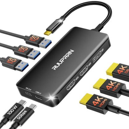 USB C Docking Station Dual Monitor, Laptop Docking Station 3 Monitors | Triple 4K Display with 2 HDMI, DisplayPort, 5Gbps USBA/C 3.0, 100W PD, USB 3.0 Dock Dongle for Dell, HP,MacBook, Surface