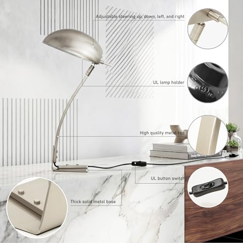18.4" Metal Desk Lamp Modern Industrial Table Lamp, Adjustable Neck Architect Lights (3000K) with On/Off Switch, Bedside Reading Lamps for Office Bedroom Study Room Side Table (Nickel) - color: Brushed Nickel