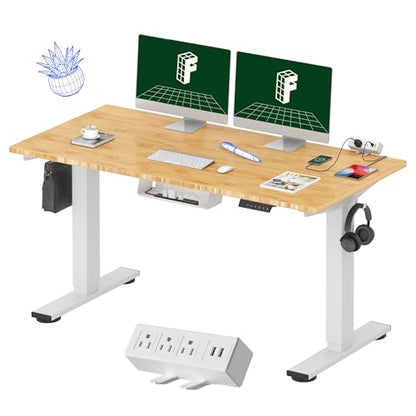FLEXISPOT EN2 55"x28" Bamboo Electric Standing Desk with Power Strip - color: Bamboo Top + White Frame, size: 55x28"