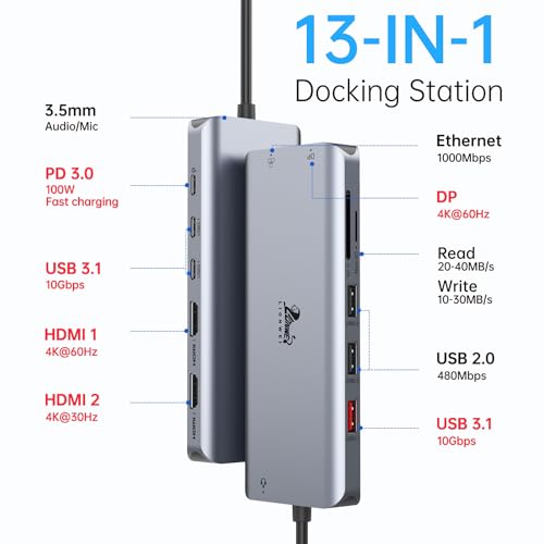 LIONWEI Docking Station Dual Monitor 4K, 13-in-1 USB C Dock for Laptop Mac - color: 13 IN 1(2 HDMI+DisplayPort)
