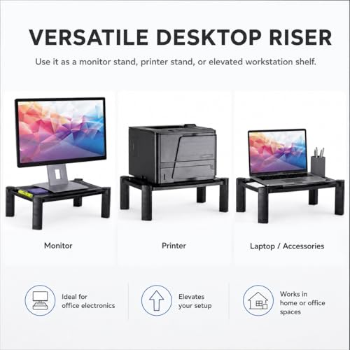 Mount-It! Monitor Stand Riser with Storage, 13-32", Black | Height adjustable desk shelf for monitor & printer, large 19" platform holds up to 22 lbs, desk organizer.