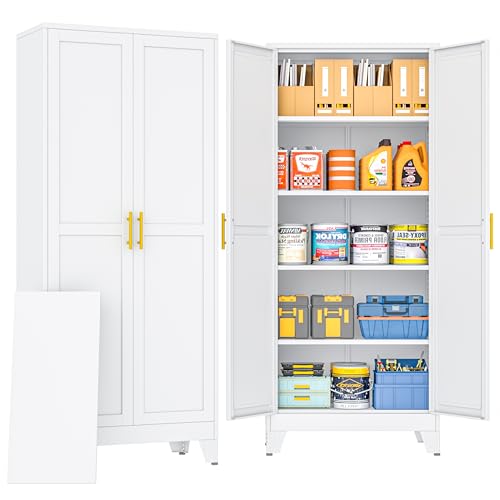 PAOFIN 71" Metal Storage Cabinet with 2 Doors and 4 Adjustable Shelves,White Metal Garage Storage Cabinets, File Cabinet,Steel Tool Cabinets for Home,Office,Garage,School,Warehouse - color: White, size: 71"-C