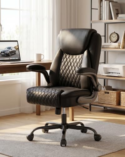COMHOMA Mid-Back Office Chair, Ergonomic PU Desk Chair with Flip up Arms, Small Computer Gaming with Comfy Lumbar Support,Rocking Function,Sturdy Metal Base, Ink Black - color: Ink Black