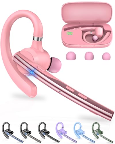 New Bee Bluetooth Headset V5.1 72H Talk Time Dual Mic with Mute Button for Business, Wireless Hand-Free Bluetooth Earpiece with 500mAh Charging Case for Cell Phone Calls Trucker Driver Laptop - color: Pink