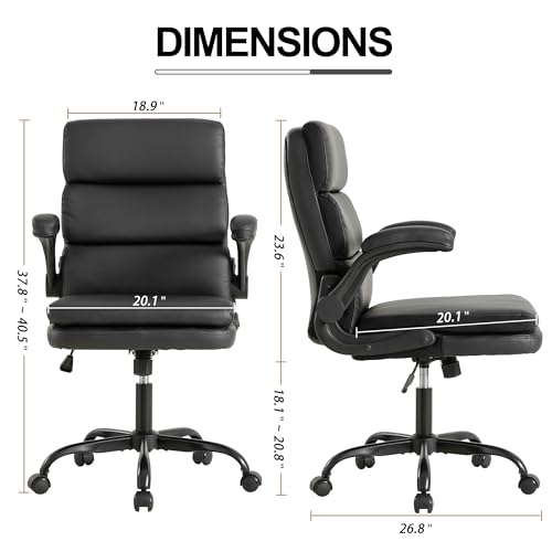 Mid Back Office Desk Chair,Leather Conference Room Chairs,Ergonomic Home Computer Chair,Modern Executive Chair with Padded Flip-up Armrest and Swivel Wheels (Black) - color: Black