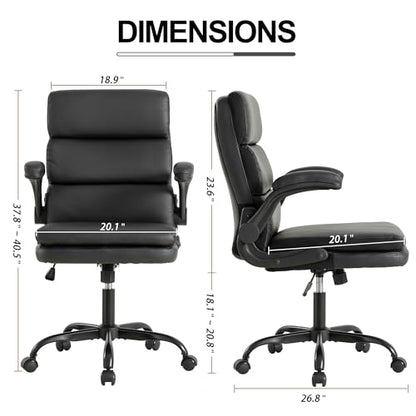 Mid Back Office Desk Chair,Leather Conference Room Chairs,Ergonomic Home Computer Chair,Modern Executive Chair with Padded Flip-up Armrest and Swivel Wheels (Black) - color: Black