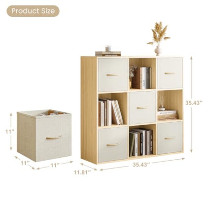 EXPERLAM 9 Cube Storage Organizer - Solid Wood Bookshelf with 5 Storage Bins, Cube Shelf with 3 Removable Back Panels, Vertical or Horizontal Bookcase, Open Book Shelf for Bedroom, Living Room, Office - size: 9 Cube Shelf