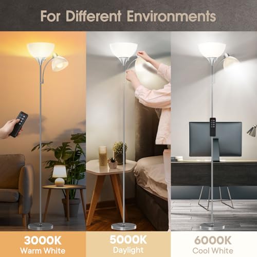 GERGO Torchiere Floor Lamp with Remote Control and Adjustable Reading Light - color: Brushed Nickel