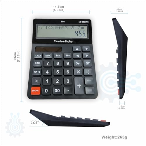 DECKLIT Battery and Solar Unique 120-Step Calculation Check 12 Digit 2 Line Extra Large Calculator Big Buttons and 5.5" LCD Display, Configurable Tax Rate Financial Calculator for Tax Calculations - color: 2 line black