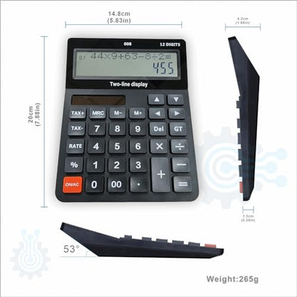 DECKLIT Battery and Solar Unique 120-Step Calculation Check 12 Digit 2 Line Extra Large Calculator Big Buttons and 5.5" LCD Display, Configurable Tax Rate Financial Calculator for Tax Calculations - color: 2 line black
