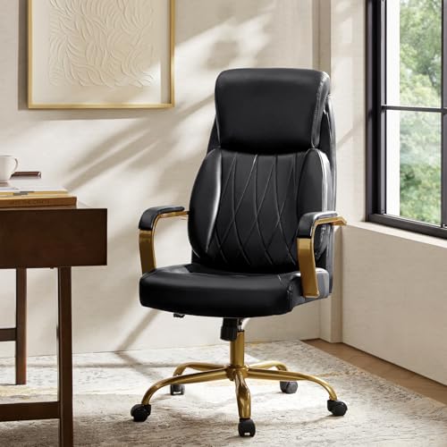 HULALA HOME Executive Office Chair with Adjustable Lumbar Support, Leather Ergonomic Office Chair with Padded Armrests, Tilt and High Back, White and Gold, Black - color: Black