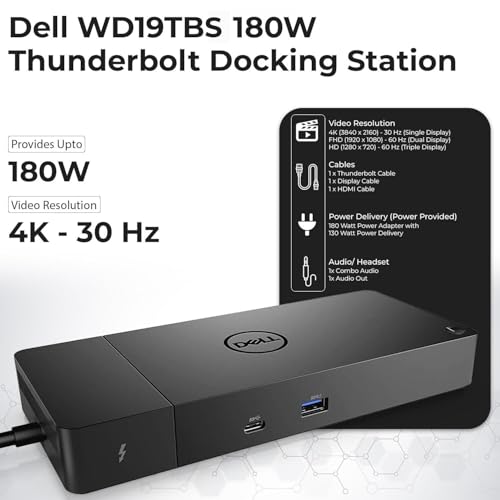 Dell WD19TBS 180W Thunderbolt Dock Bundle, 130W PD + HDMI + DP + TB Cables + Cloth, Black - style: Dell WD19TBS New