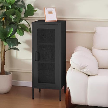 Slim Metal Storage Cabinet with Mesh Doors - 42'' Tall Narrow Organizer Tower, Compact Freestanding Cabinet, Versatile Utility Storage for Home, Office, Kitchen, Living Room, Durable and Modern Design | 42" Tall Narrow Cabinet, Adjustable Shelves, Steel O