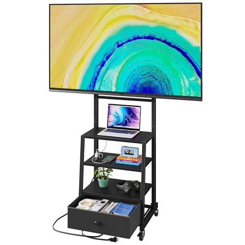 AFLUI Rolling TV Stand with Wheels and Mount & Fabric Drawer for 32-75" TV - Entertainment Center with Power Outlet and Small TV Stand for Bedroom, Living Room - 18" Black (VESA 600mm × 400mm) - color: Black, size: 18"W (for 32-75" TV)