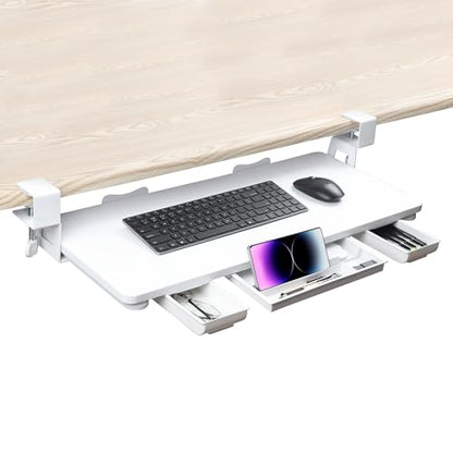 Keyboard Tray Under Desk with Drawer,26.77" X 11.81"Large Size Keyboard Tray with C Clamp-on Mount, Easy to Install, for Home Office (White) - color: White