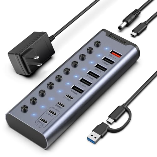 Powered USB Hub, Individual Switches and 24V/3A Power Adapter - color: Gery