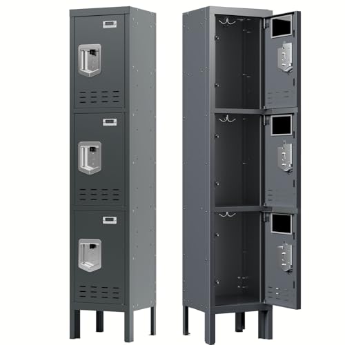 BUTISOW 3 Door Employee Metal Locker w/Card Slot for School Gym Office | Ventilated Metal Steel Locker with Mirror & Multi Hooks for Secure Storage - color: Grey, size: 3 Door - (66.15" H x 11.8" W x 11.8" D)