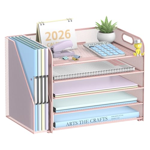 5-Tier Desk Organizer with File Holder, Paper Organizer for Desk, Pink | 5 Letter Trays and Vertical File Holder with Metal Mesh Frame for Papers Folders Books and Mail in Office Home or School - color: Pink