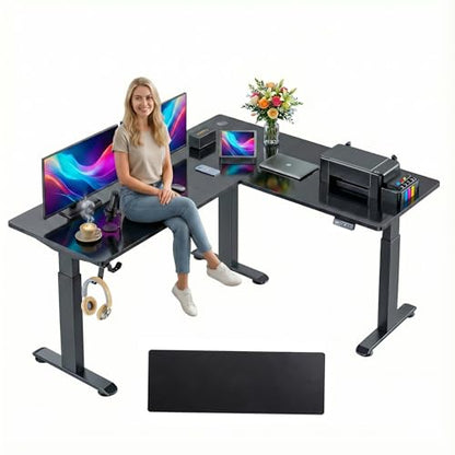 63x55 L Standing Adjustable Desk with 39x18 Mouse Pad, Black | Adjustable Height L Shaped Home Office Gaming Writing Studying Computer Workstation with Hooks - color: Black, size: 63x55in