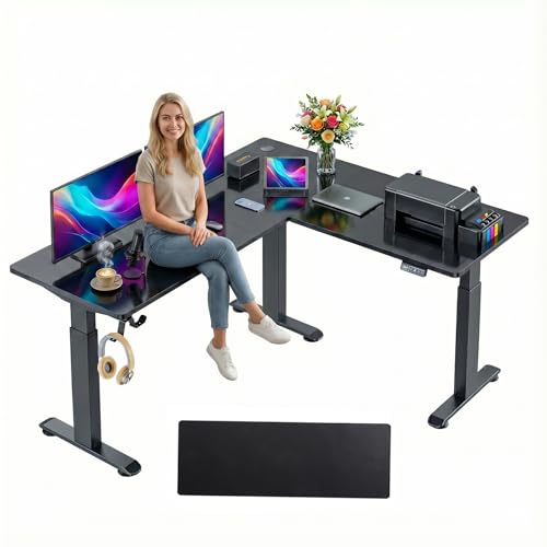 63x55 L Standing Adjustable Desk with 39x18 Mouse Pad, Black | Adjustable Height L Shaped Home Office Gaming Writing Studying Computer Workstation with Hooks - color: Black, size: 63x55in