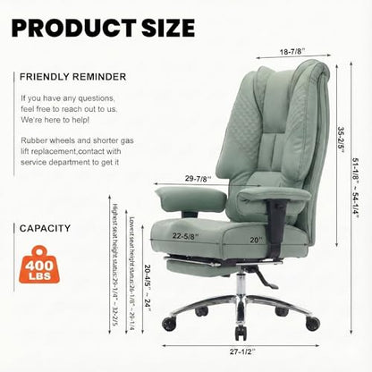 EXCEBET Big and Tall Office Chair 400lbs Wide Seat, Leather High Back Executive Office Chair with Foot Rest, Ergonomic Chairs Lumbar Support for Lower Back Pain Relief (Light Green) - color: Bright Green