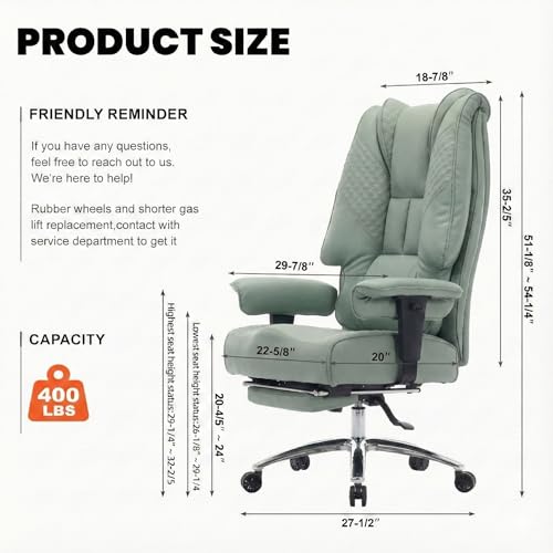 EXCEBET Big and Tall Office Chair 400lbs Wide Seat, Leather High Back Executive Office Chair with Foot Rest, Ergonomic Chairs Lumbar Support for Lower Back Pain Relief (Light Green) - color: Bright Green