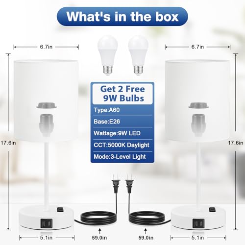 17.6" White Touch Lamps for Bedroom Set of 2 - Dimmable, USB C+A, AC Outlet | Large 17.6" Tall Lamp, 3-Way Dimming, 5000K Daylight Bulbs, White Lampshade White Base, for Living Room, Boys, Men, Girls - color: White