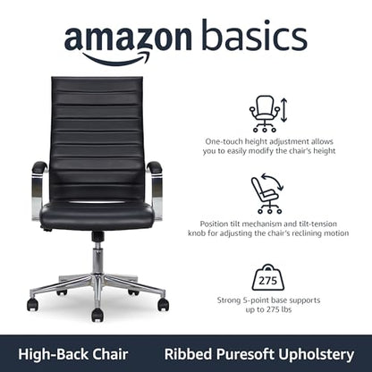 Amazon Basics High-Back Swivel Office Chair with Lumbar Support, Ergonomic Ribbed Faux Leather, Adjustable Height, 45.25" x 24.75" x 23.25", Black - color: Black