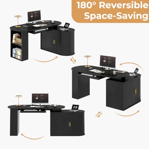 HSH 60 Inch L Shaped Computer Desk, Reversible Office Desks with Storage - color: Black