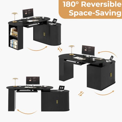 HSH 60 Inch L Shaped Computer Desk, Reversible Office Desks with Storage - color: Black