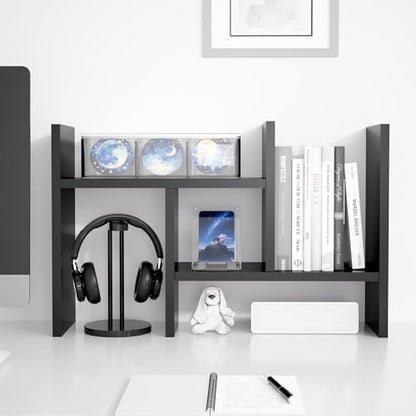 Jerry & Maggie Desktop Organizer Office Storage Rack Adjustable Wood Display Shelf Free Style Double H, Multi-Functional Mini Bookshelf for Desk Natural Stand (Black) - color: Black