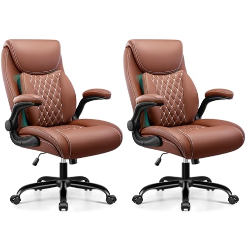 Office Desk Chair, Ergonomic Lumbar Support for Lower Back Pain | Executive Leather Home Chair Comfy with Padded Flip-up Armrests, Brown, 2-Pack - color: Brown, size: 2 Pack