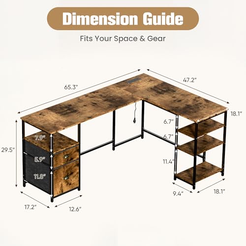 Shahoo 65.3" L Shaped Computer Desk, Corner Home Office Desk with Power Outlets, Ergonomic Monitor Stand, File Drawers & Storage Shelves, Rustic Gaming Desk for Working from Home