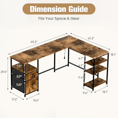 Shahoo 65.3" L Shaped Computer Desk, Corner Home Office Desk with Power Outlets, Ergonomic Monitor Stand, File Drawers & Storage Shelves, Rustic Gaming Desk for Working from Home
