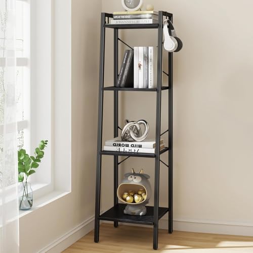 Hzuaneri Ladder Shelf, Bookshelf, Freestanding Corner Storage Shelf | Bookcase with 2 Hooks for Office, Living Room, Kitchen, Bedroom, Industrial, 11.8"D x 13.4"W x 47.2"H, Black BC13204B - color: Black, size: 11.8"D x 13.4"W x 47.2"H
