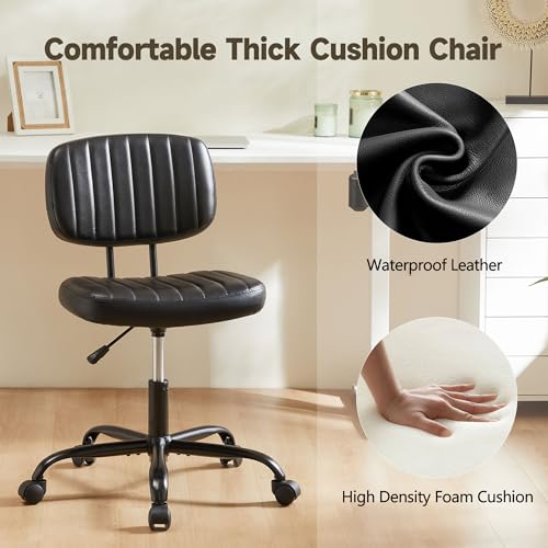 Armless Office Chair, Swivel Rolling PU Leather Vanity Chair with Back Lumbar Support Height Adjustable Computer Chair, Small Desk Chair for Home Office (Black) - color: Black