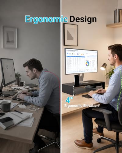 1home Ergonomic Monitor Stand Riser, 21.3 Inch Wood Desktop Stand with Cellphone Holder and Cable Management, Black - color: Black, size: 21.3 x 10 x 4 inches