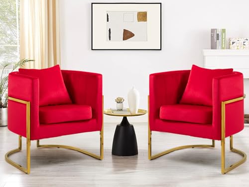 Velvet Accent Barrel Chairs Set of 2, Modern Arm Club Chair Set with Pillow for Living Room/Bedroom/Guest Reception, Channel Tufted, Gold Finish Base, Red - color: Red, size: 2 PCS