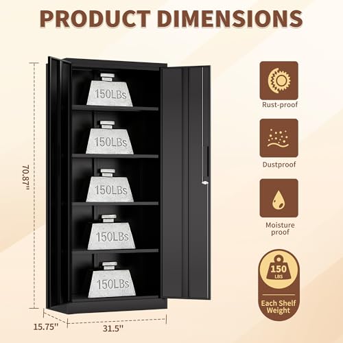 71" H Garage Storage Cabinet with 2 Doors and 4 Adjustable Shelves, Metal Storage Cabinet, Tool Storage Cabinet with Lock, Utility Cabinets for Home Office, Garage, Shop, Warehouse - size: 71H*32W*16D